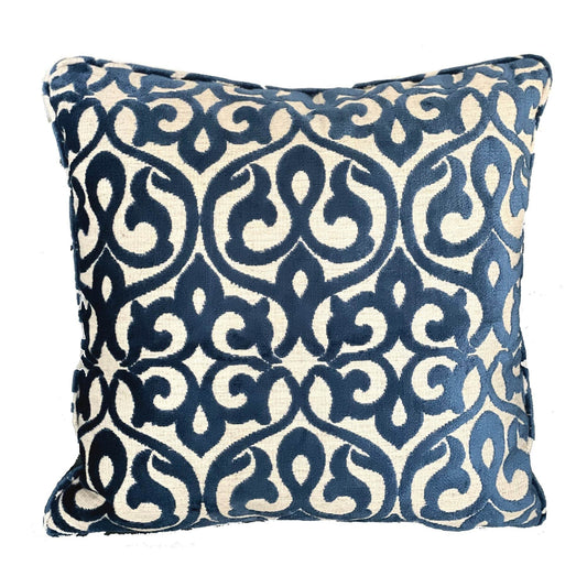 Velvety French Medallion Blue and Off White Geometric Luxury Throw Pillow - Plutus Brands