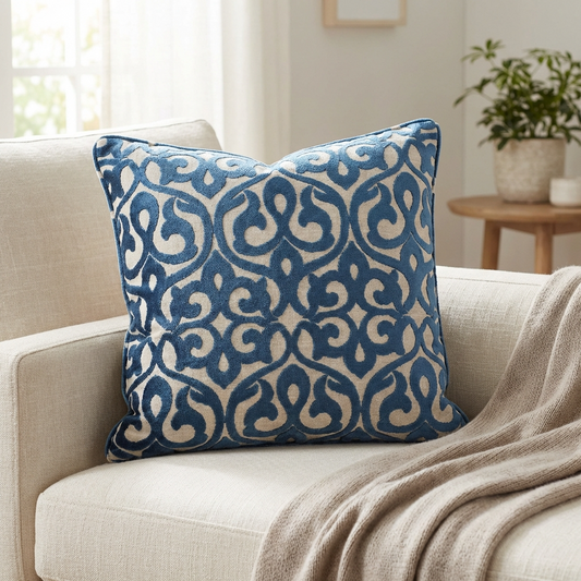 Velvety French Medallion Blue and Off White Geometric Luxury Throw Pillow