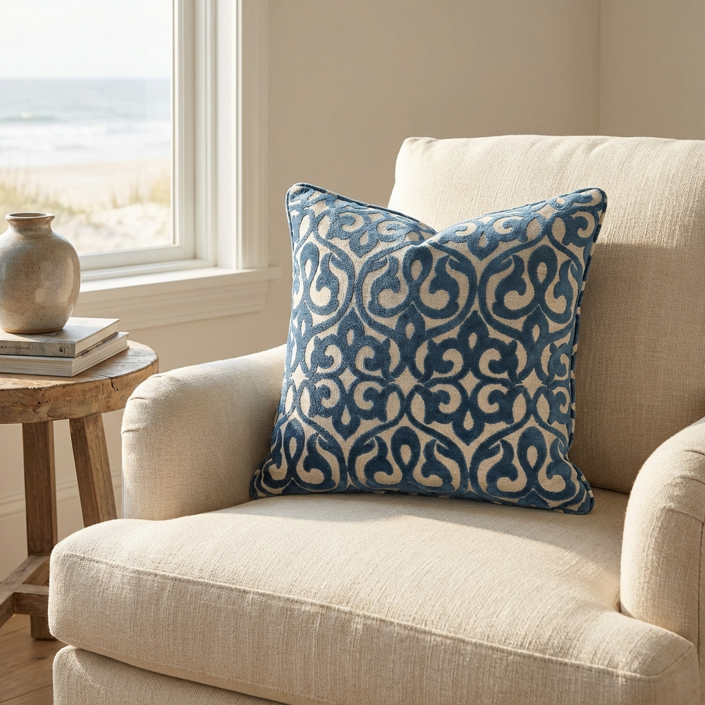 Velvety French Medallion Blue and Off White Geometric Luxury Throw Pillow