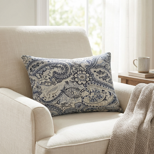 Aristocratic Floret White/ Blue Paisley Luxury Outdoor/Indoor Throw Pillow