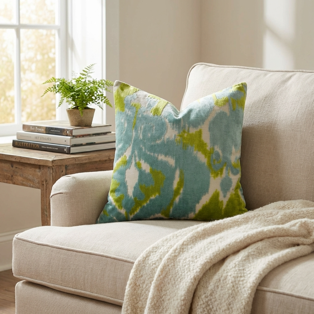 Velvet Pine Cliff Blue Citrine and Cream Handmade Luxury Pillow