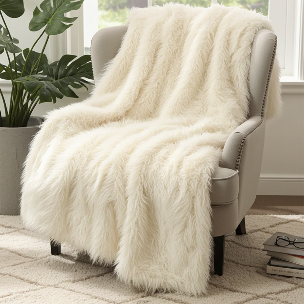 Off-White Mongolian Faux Fur Luxury Throw