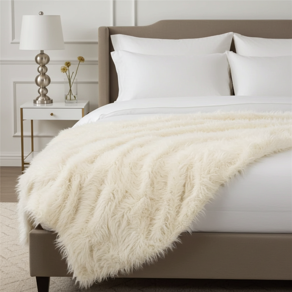 Off-White Mongolian Faux Fur Luxury Throw