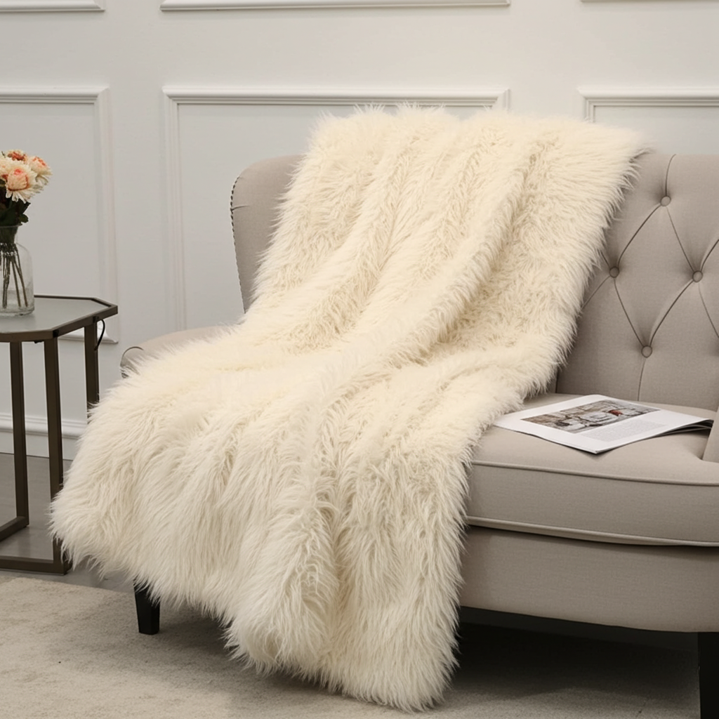 Off-White Mongolian Faux Fur Luxury Throw