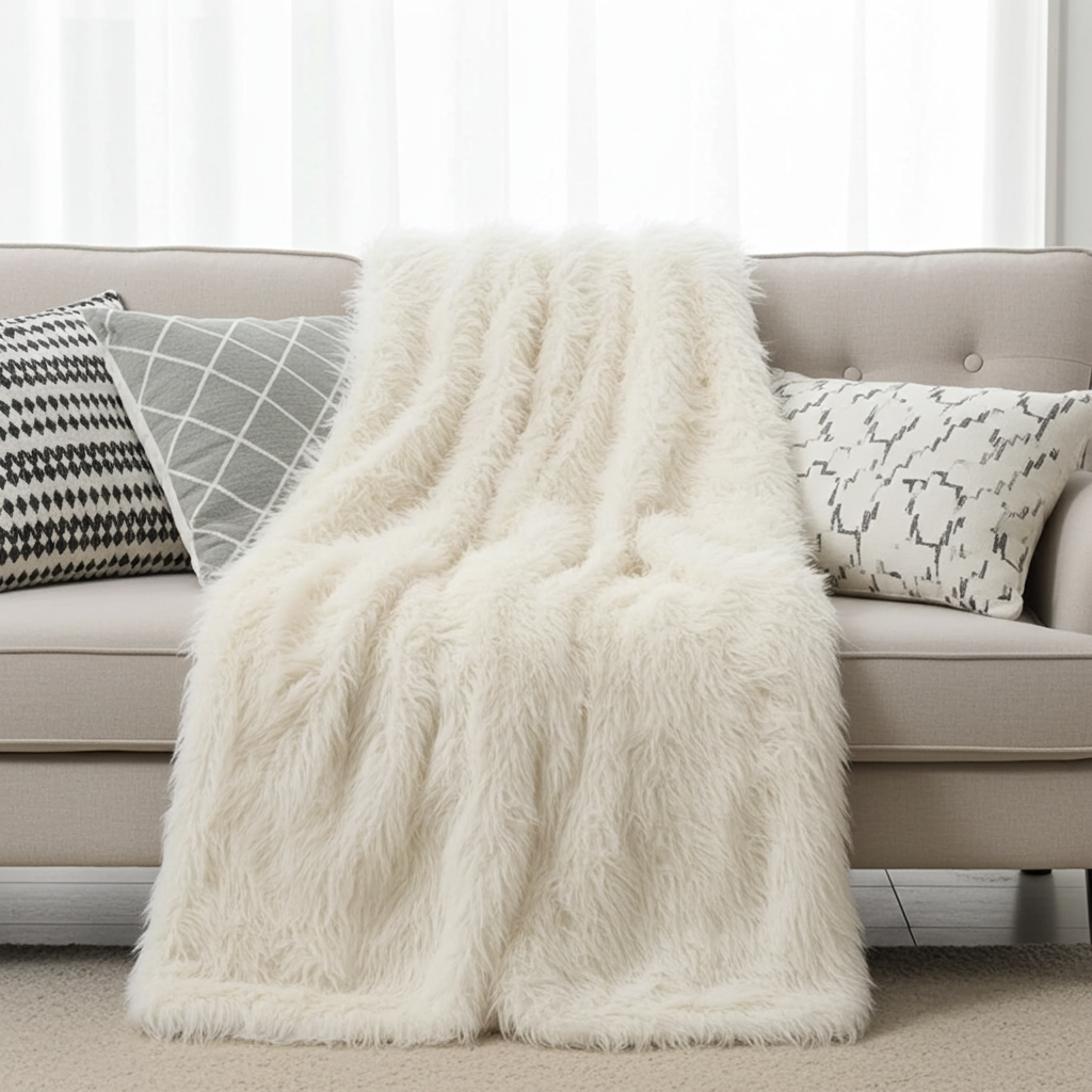 Off-White Mongolian Faux Fur Luxury Throw