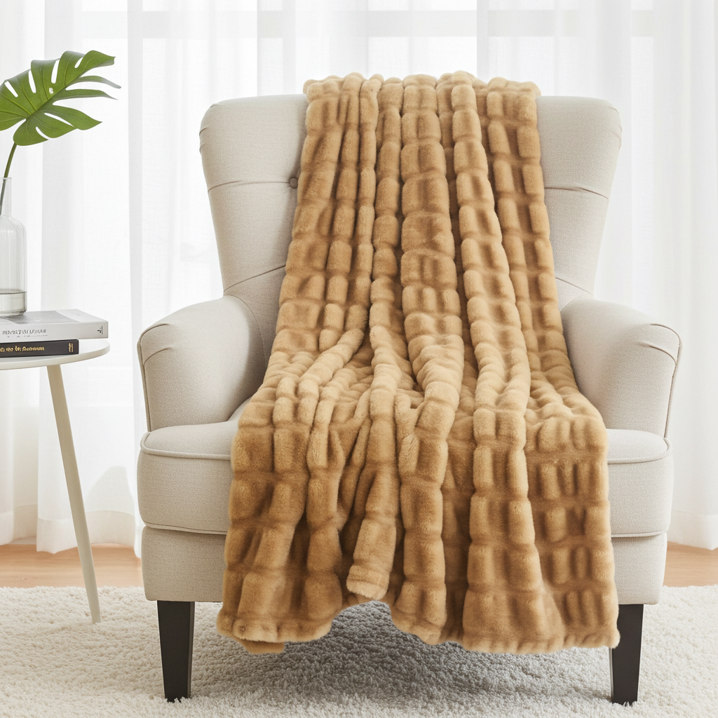 Beige Tissavel Mink Faux Fur Handmade Luxury Throw