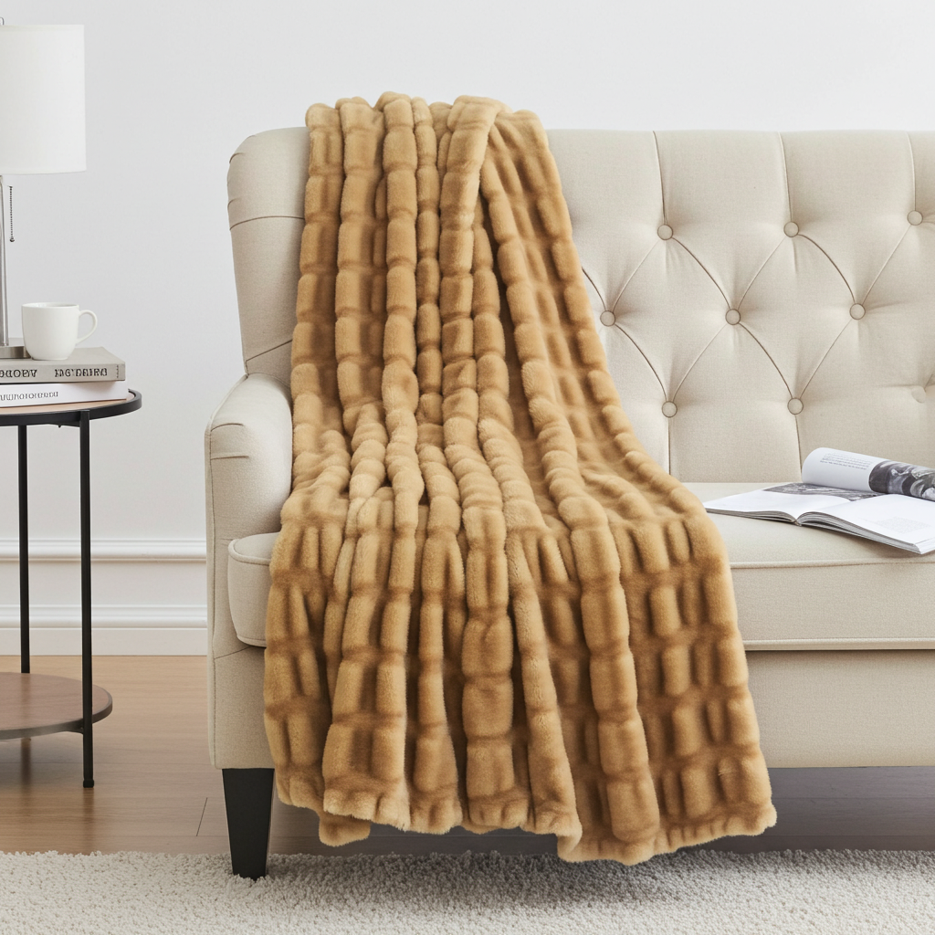 Beige Tissavel Mink Faux Fur Handmade Luxury Throw