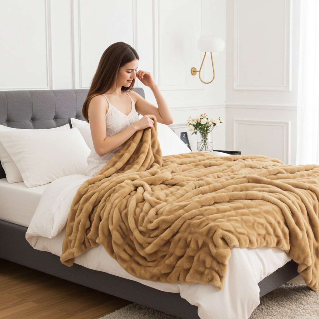 Beige Tissavel Mink Faux Fur Handmade Luxury Throw