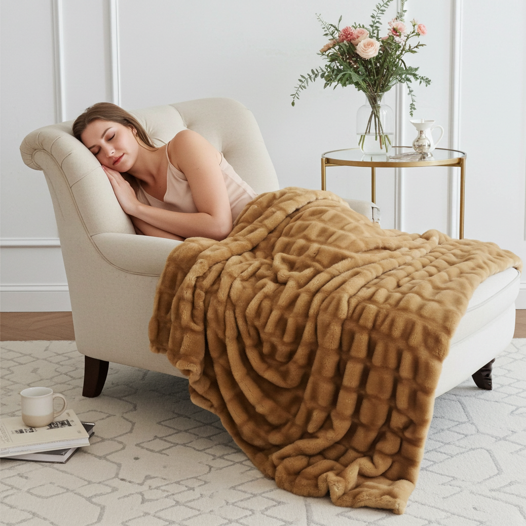 Beige Tissavel Mink Faux Fur Handmade Luxury Throw