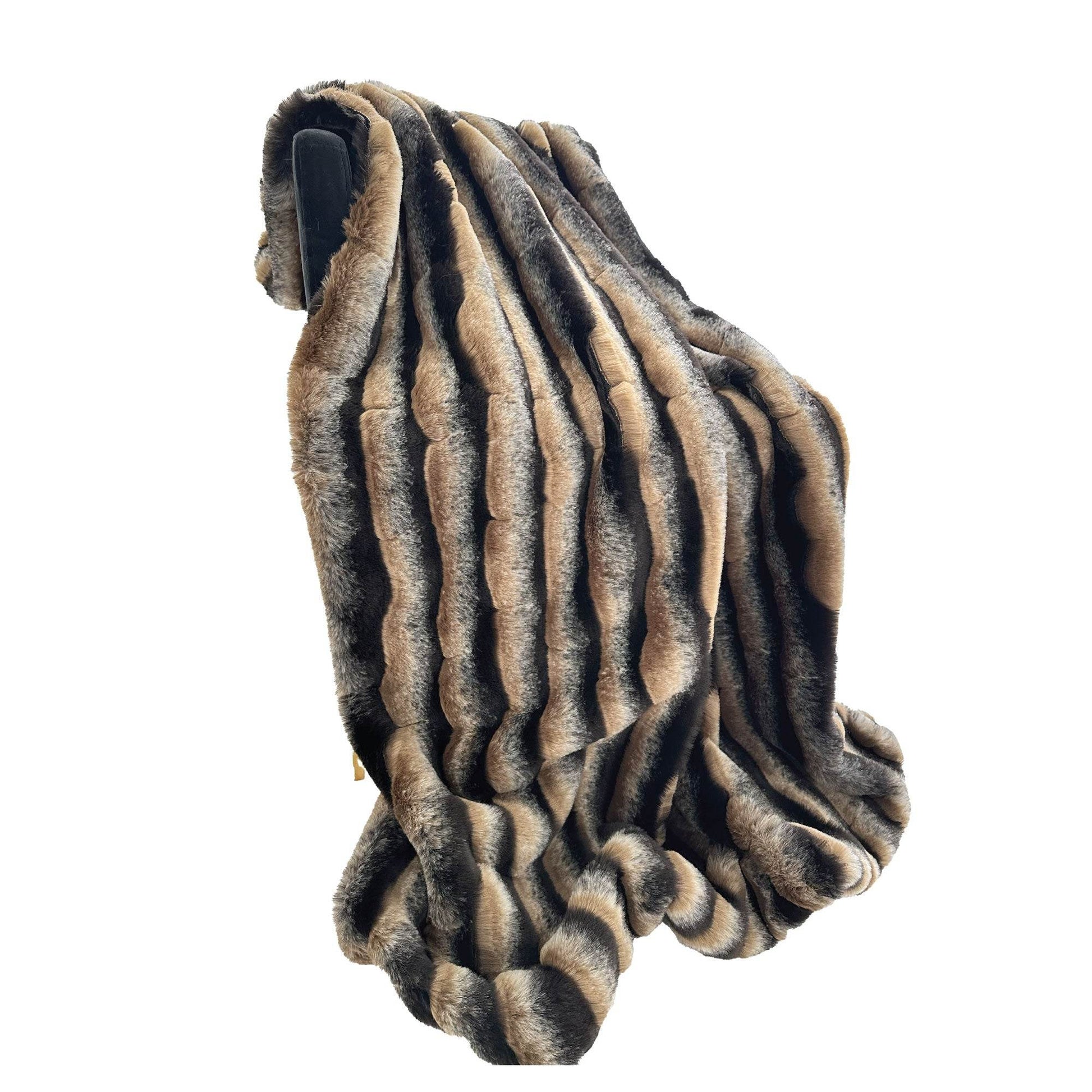 Taupe and Black Wild Wolf Plush Handmade Luxury Faux Fur Throw - Plutus Brands
