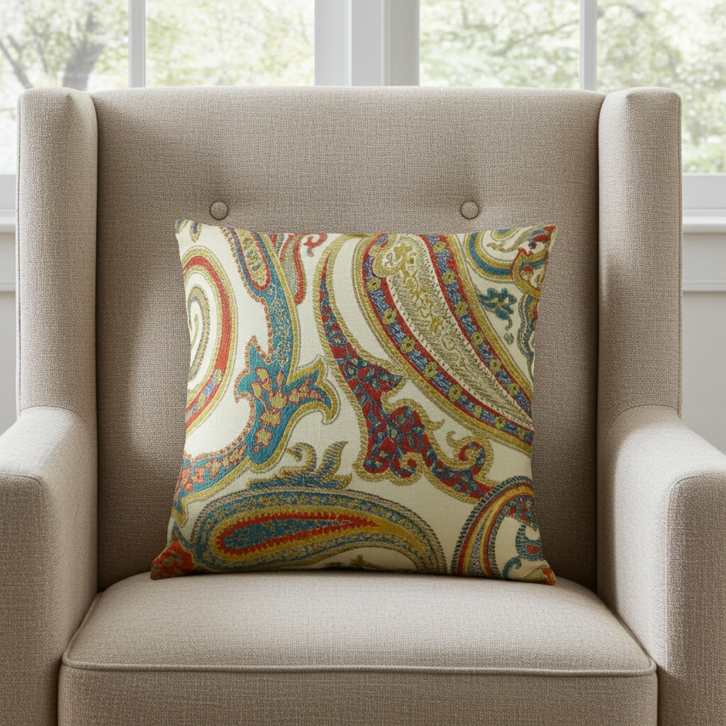 Paisley Bay Cream Red and Blue Handmade Luxury Pillow