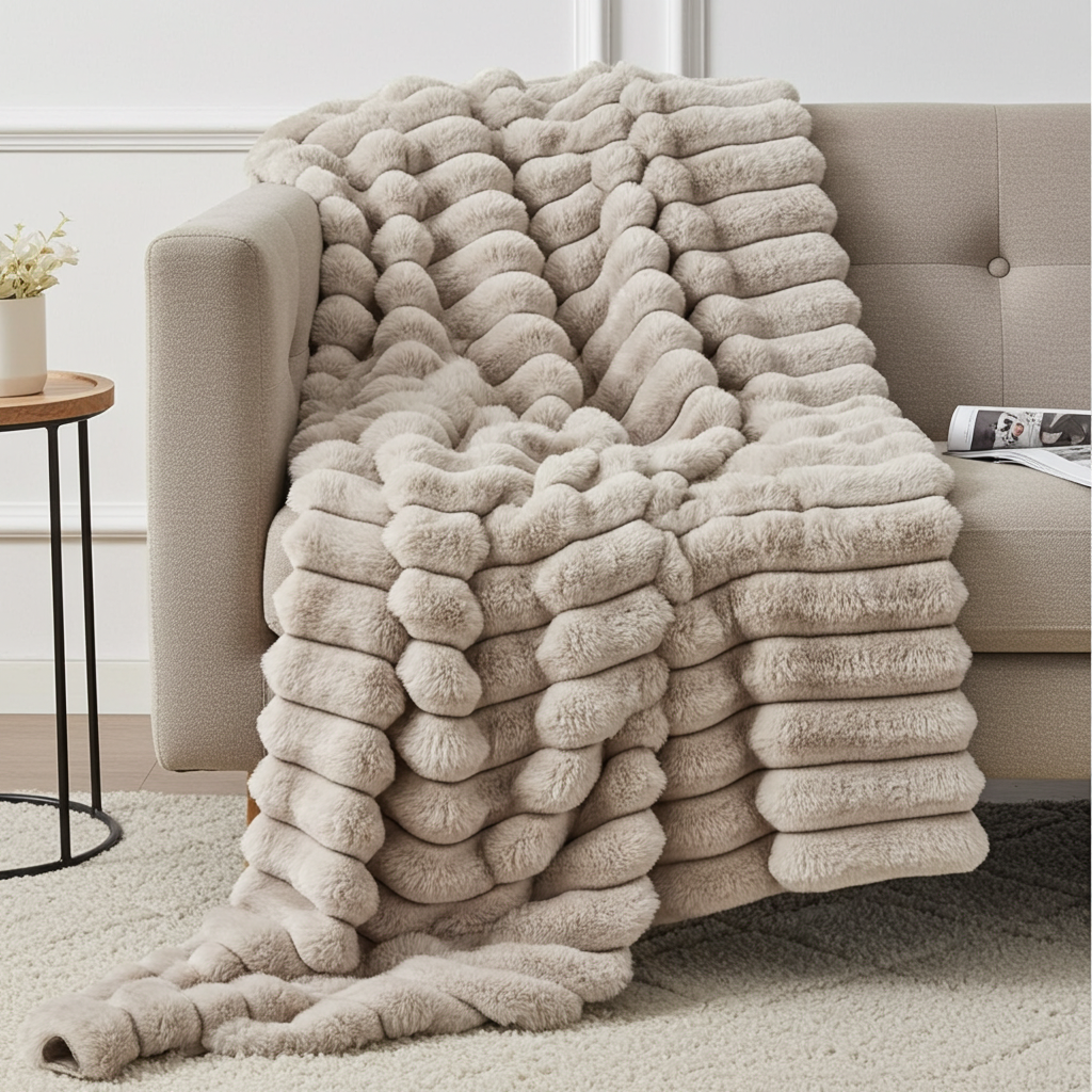 Plutus Taupe Luxe Bunny Faux Fur Luxury Throw Blanket