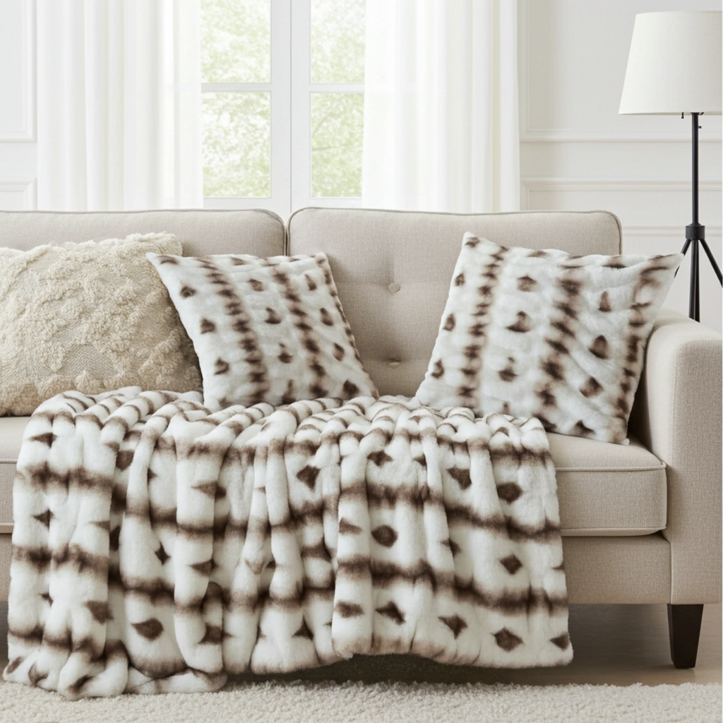Plutus Creamy Fluffy Bunni Animal Faux Fur Pillow & Blanket Set