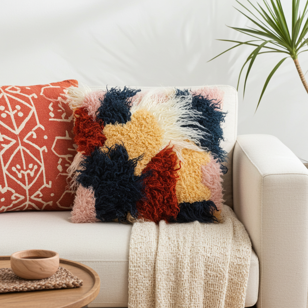 Plutus Red, White, Blue Fanciful Boho Animal Faux Fur Luxury Throw Pillow