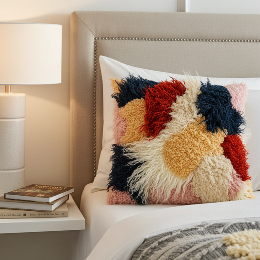 Plutus Red, White, Blue Fanciful Boho Animal Faux Fur Luxury Throw Pillow