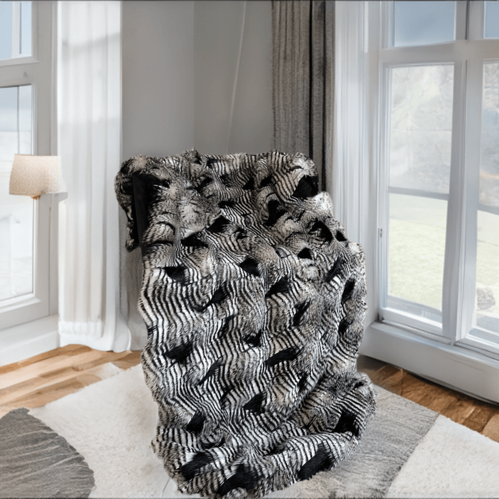 Plutus Black and White Feather Faux Fur Luxury Throw Blanket - Plutus Brands