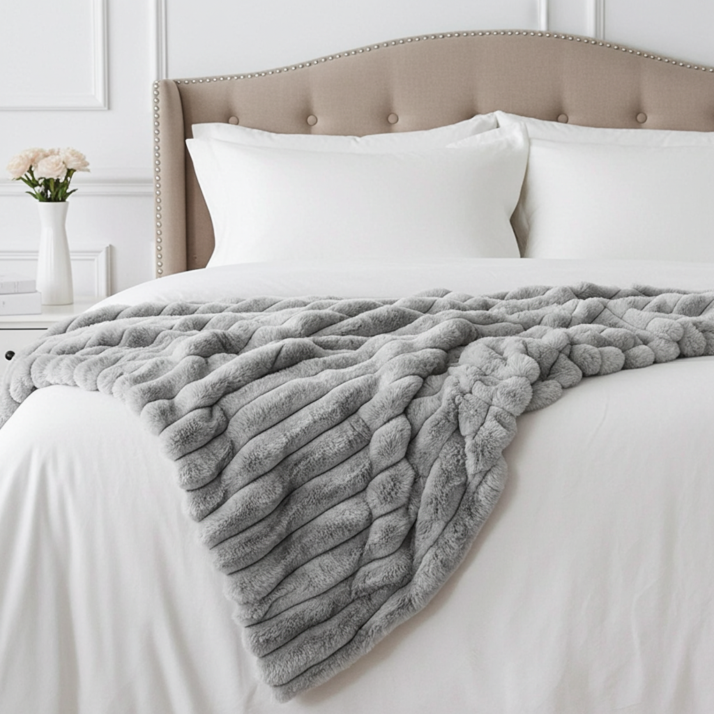 Plutus Gray Silver Luxe Bunny Faux Fur Luxury Throw Blanket