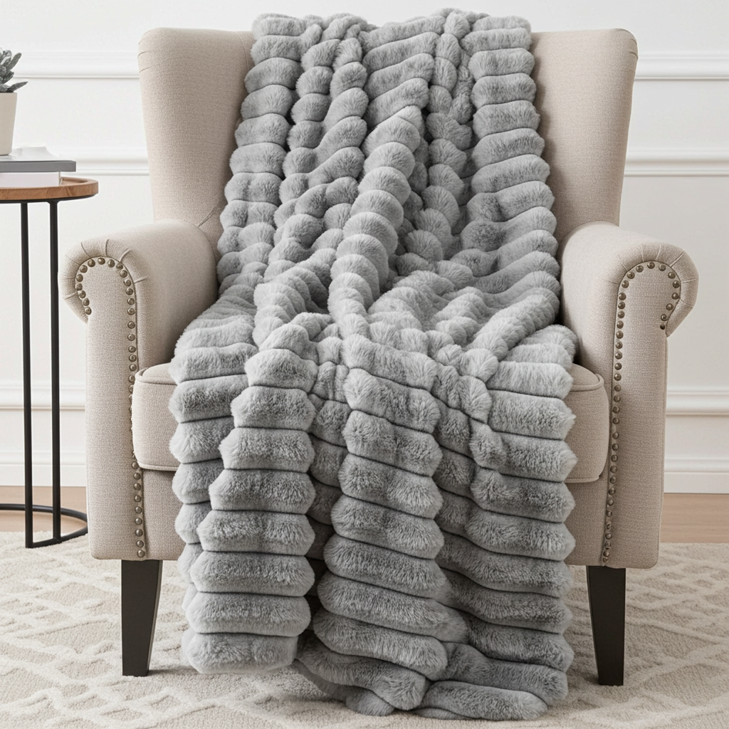 Plutus Gray Silver Luxe Bunny Faux Fur Luxury Throw Blanket
