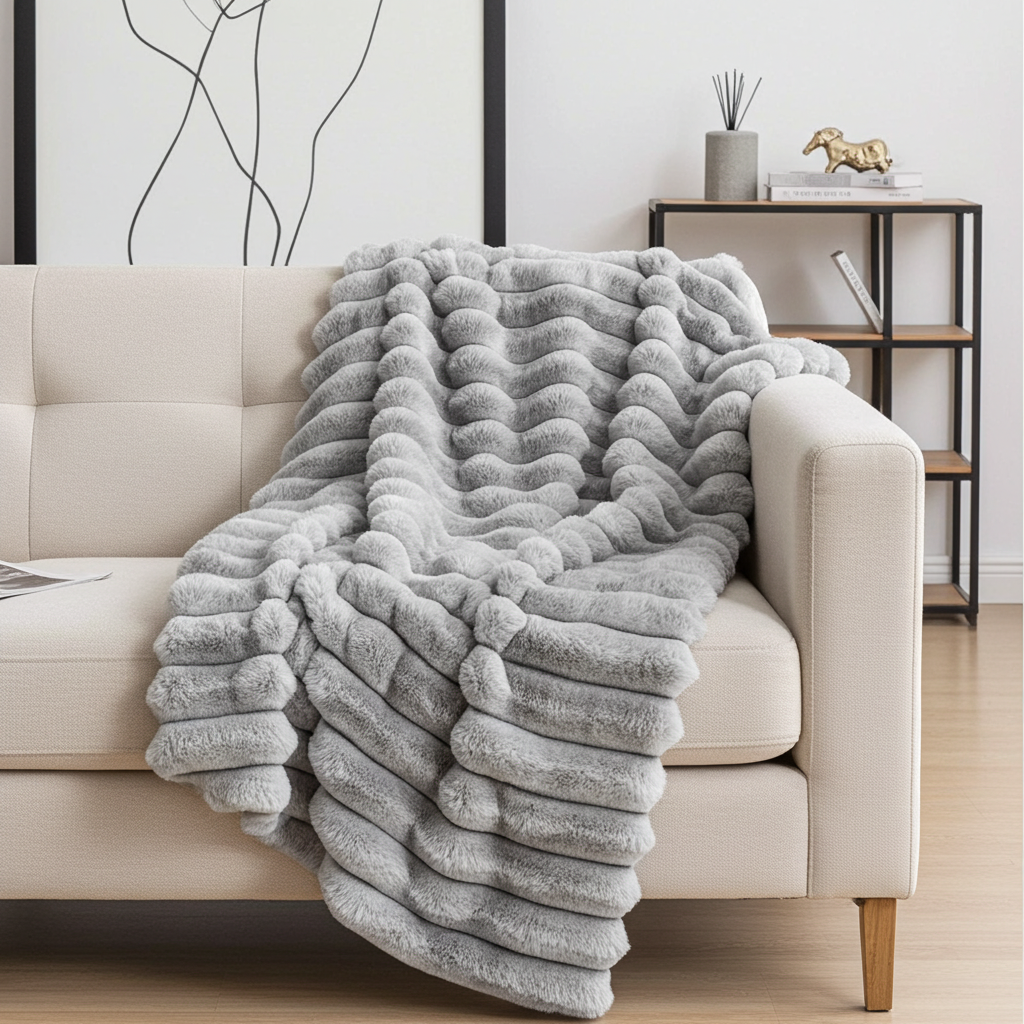 Plutus Gray Silver Luxe Bunny Faux Fur Luxury Throw Blanket