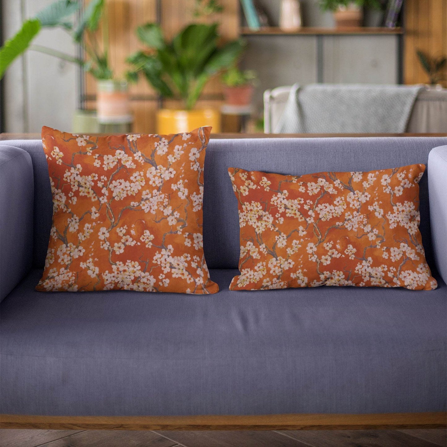 Plutus Persimmon Garden Cherry Blossoms Printed On A Linen Looking Polyester. Luxury Throw Pillow - Plutus Brands