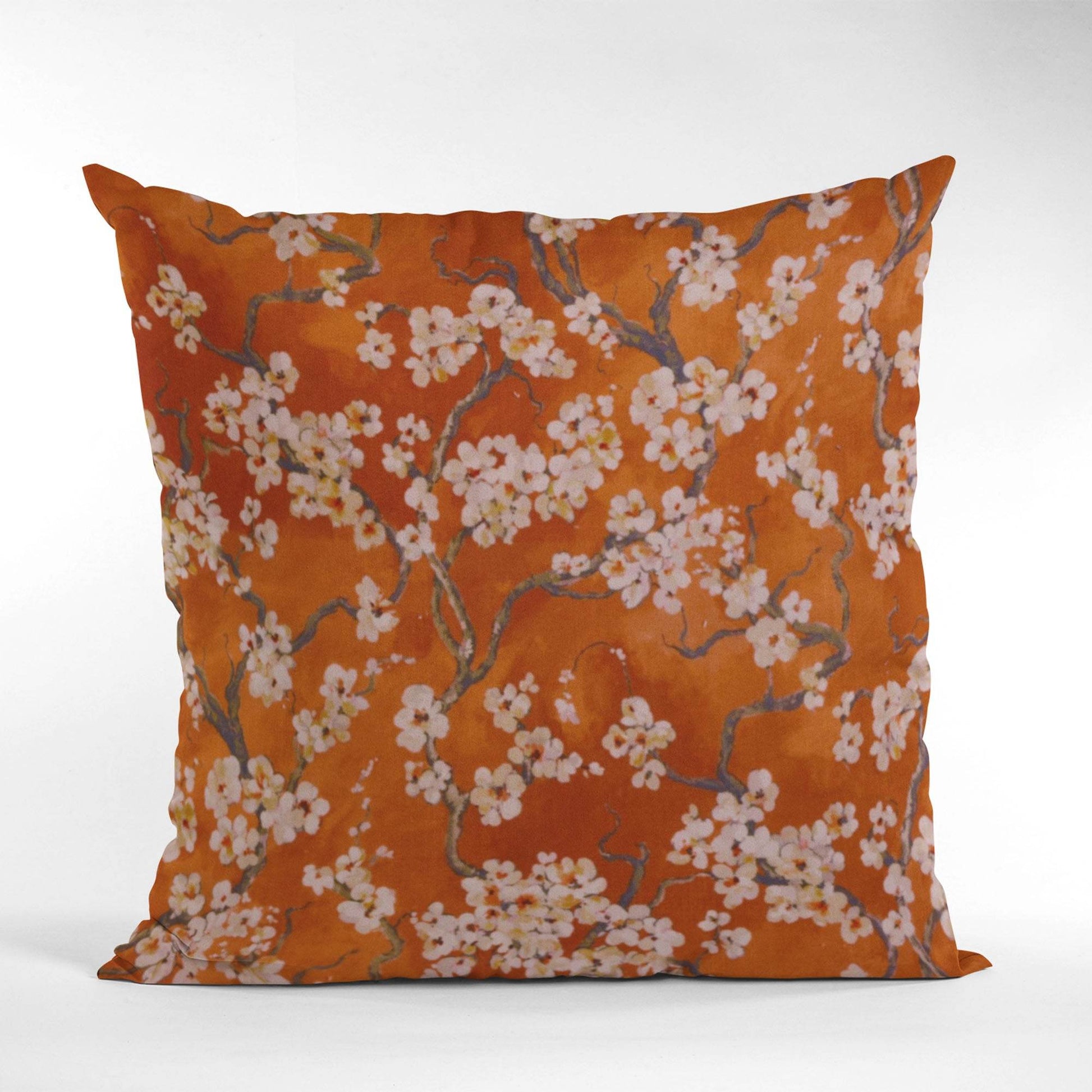 Plutus Persimmon Garden Cherry Blossoms Printed On A Linen Looking Polyester. Luxury Throw Pillow - Plutus Brands