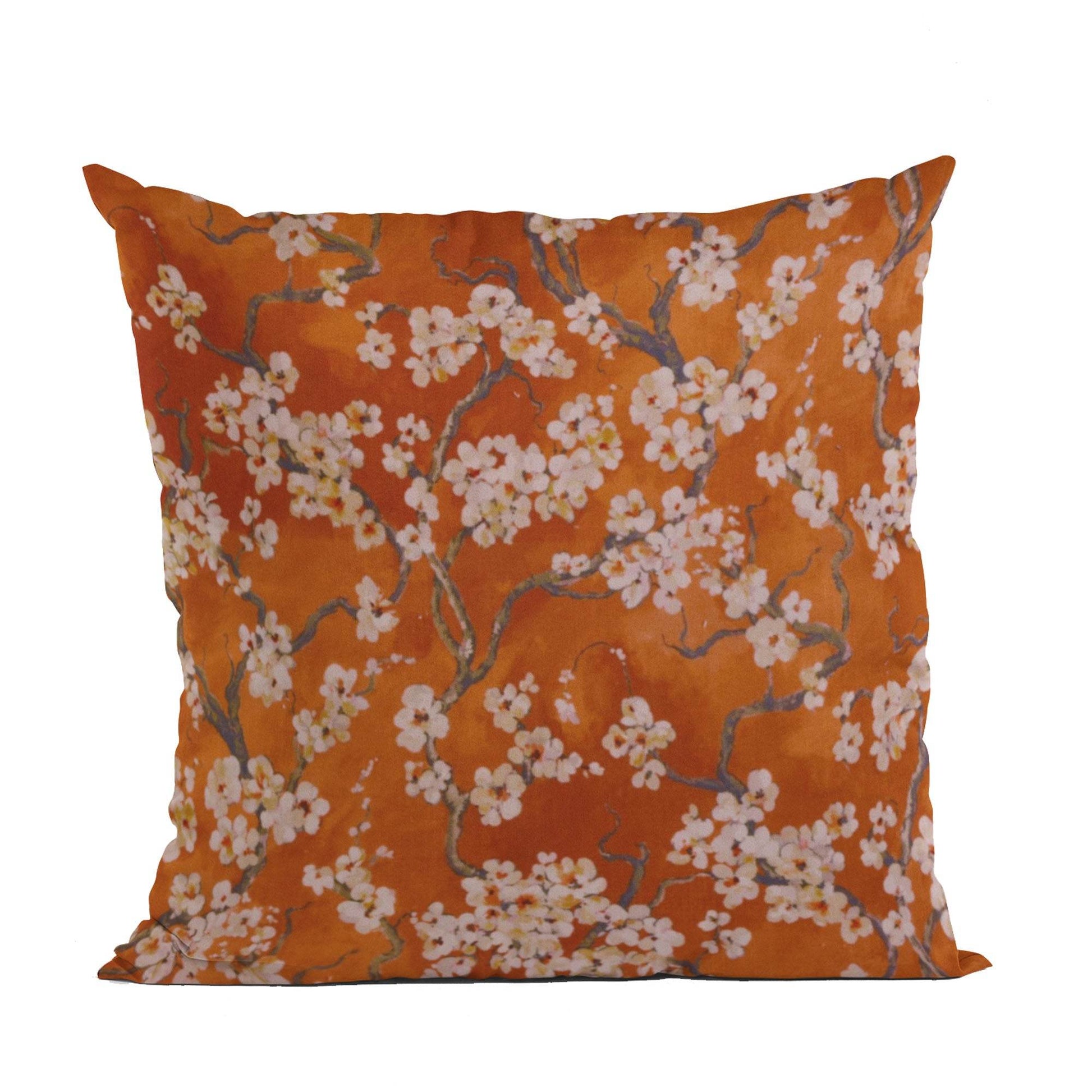 Plutus Persimmon Garden Cherry Blossoms Printed On A Linen Looking Polyester. Luxury Throw Pillow - Plutus Brands