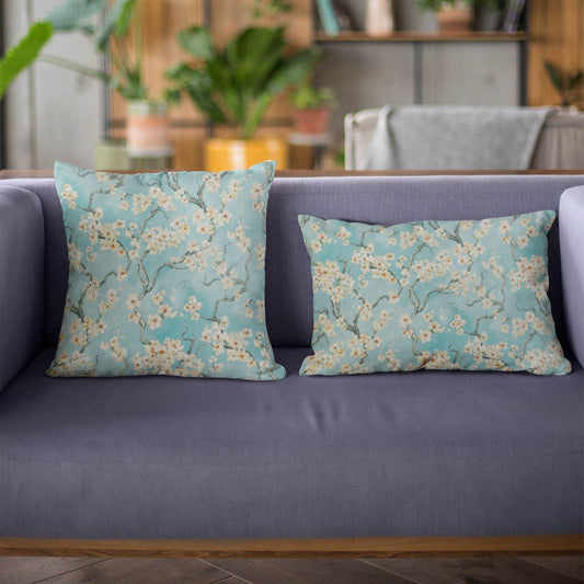 Plutus Azure Garden Cherry Blossoms Printed On A Linen Looking Polyester. Luxury Throw Pillow - Plutus Brands