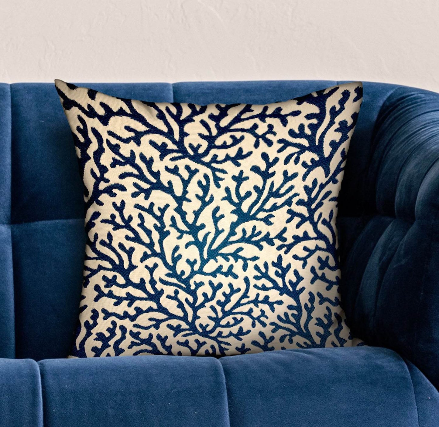 Sapphire Vines Blue, cream Floral Luxury Throw Pillow - Plutus Brands