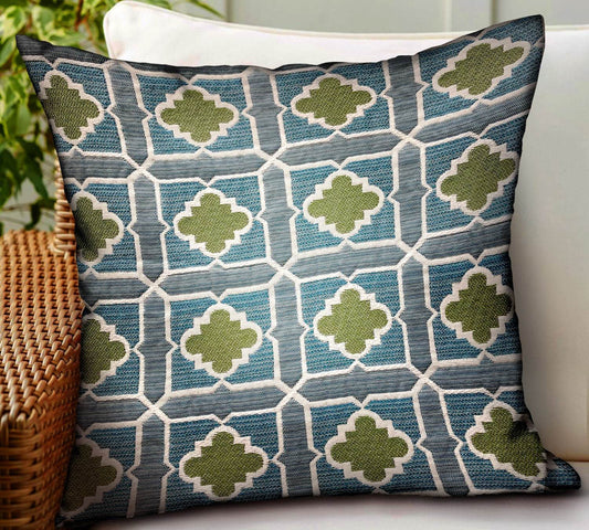 Shamrock Gem Blue, Green Geometric Luxury Outdoor/Indoor Throw Pillow - Plutus Brands