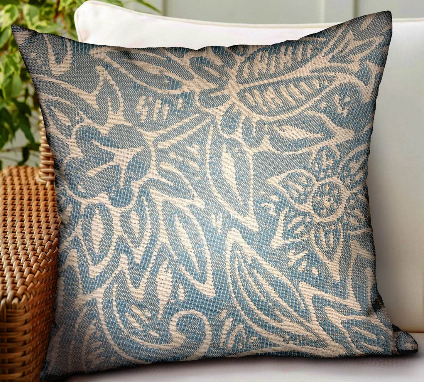 Serene Oasis Blue, Cream Floral Luxury Outdoor/Indoor Throw Pillow - Plutus Brands