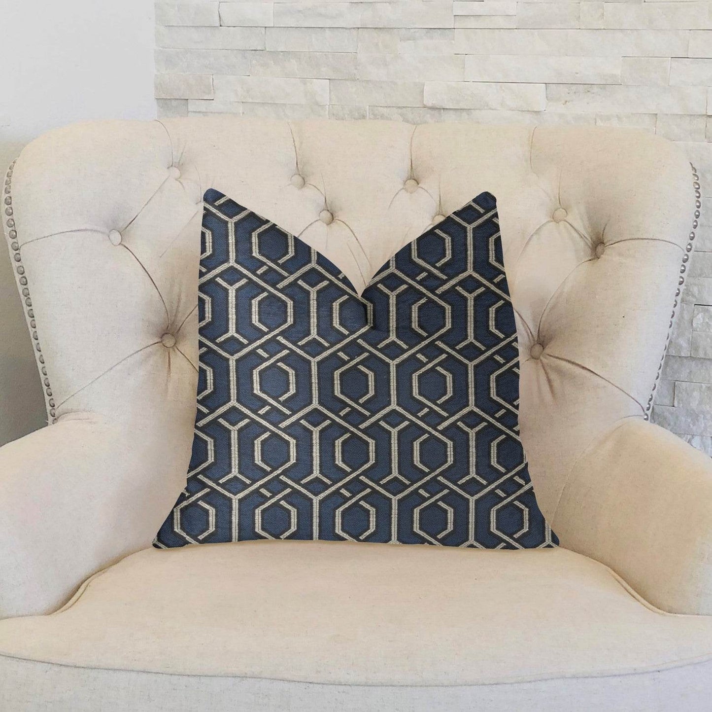 Midnight Padlock Blue, Black and Beige Luxury Throw Pillow - Plutus Brands