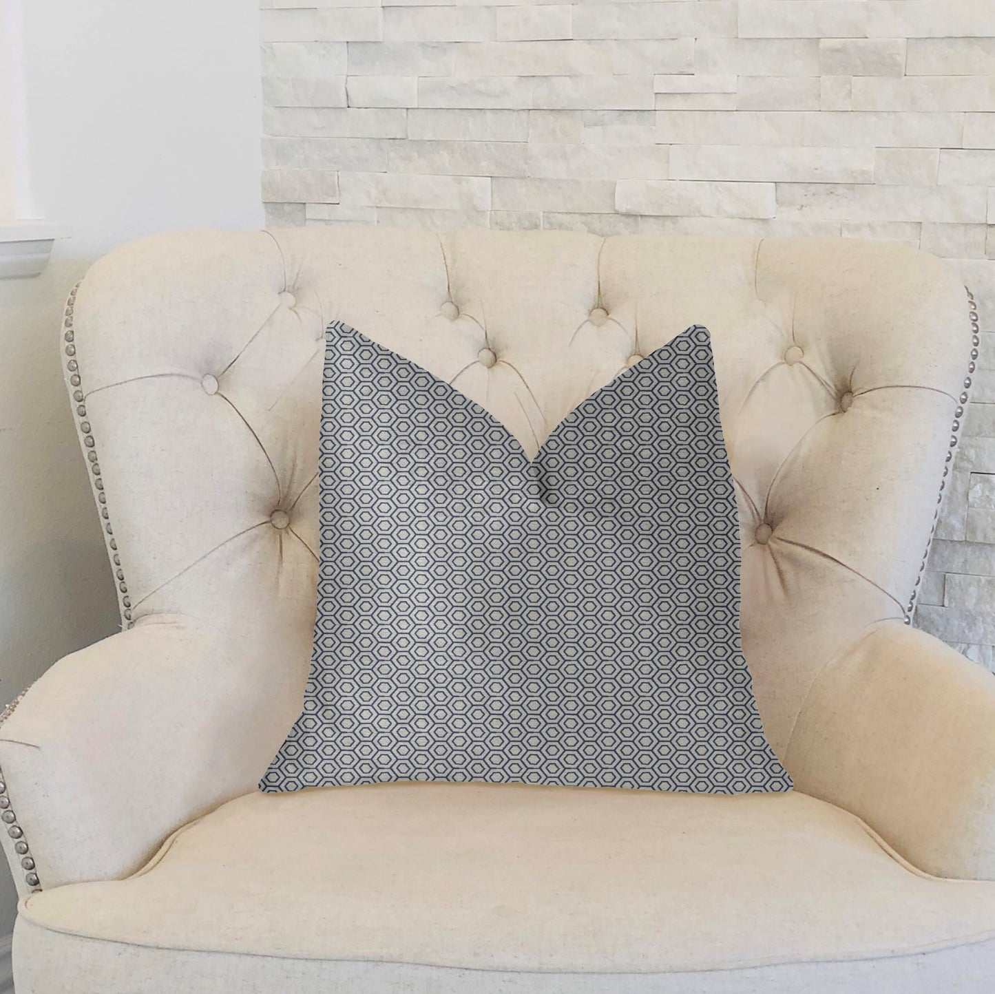 Myriad Hexagon Blue and Beige Luxury Throw Pillow