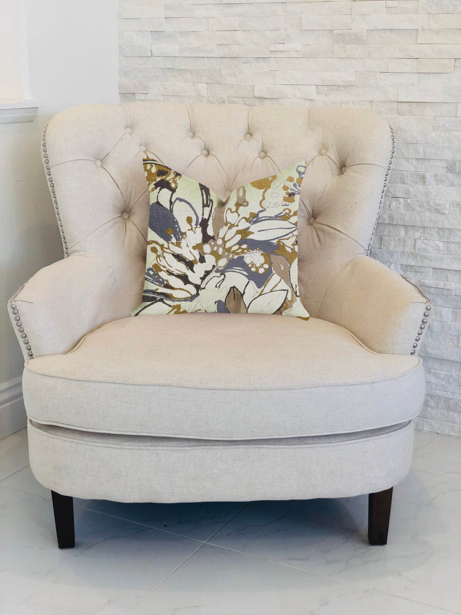 Camellia Floral Blue, Beige Tones Luxury Throw Pillow - Plutus Brands
