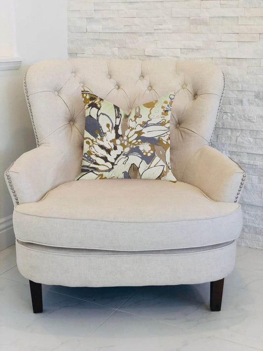 Camellia Floral Blue, Beige Tones Luxury Throw Pillow - Plutus Brands