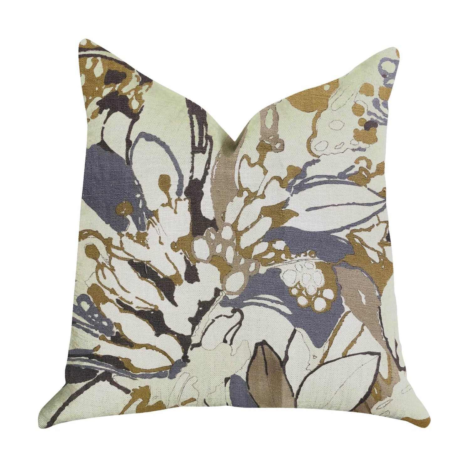 Camellia Floral Blue, Beige Tones Luxury Throw Pillow - Plutus Brands