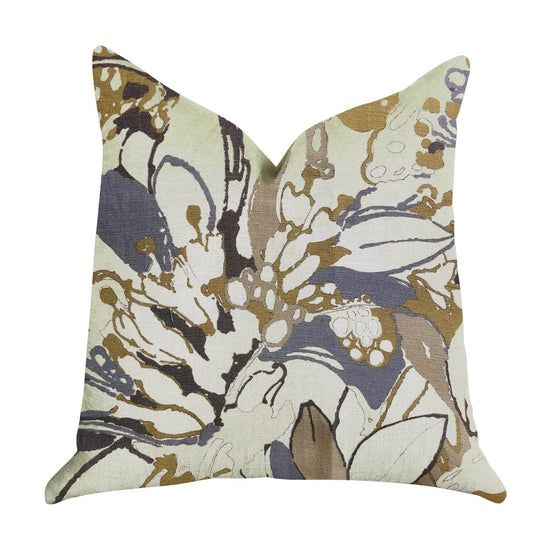 Camellia Floral Blue, Beige Tones Luxury Throw Pillow - Plutus Brands