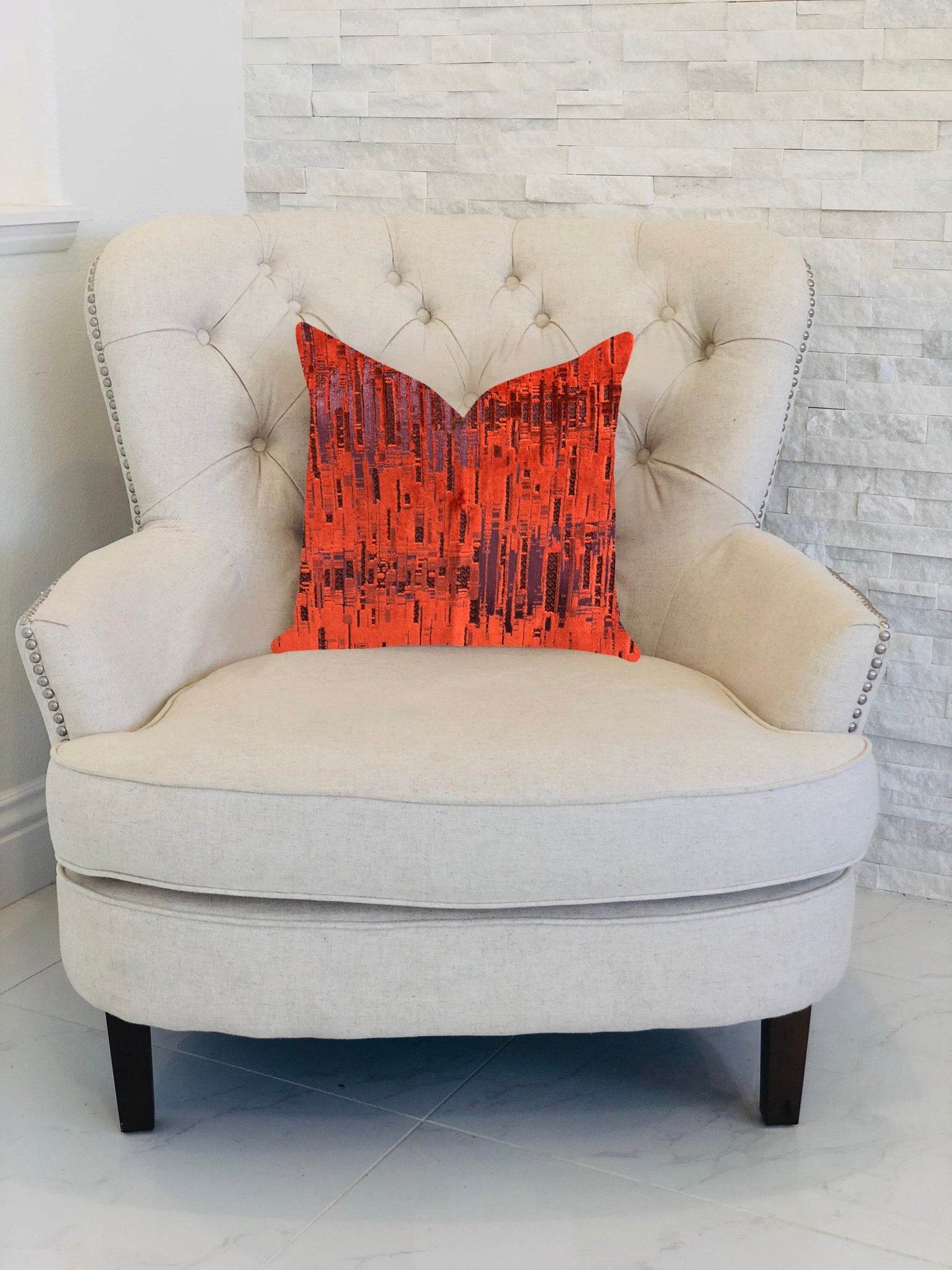 Luminous Skyscraper Luxury Throw Pillow in Orange Red Tones - Plutus Brands