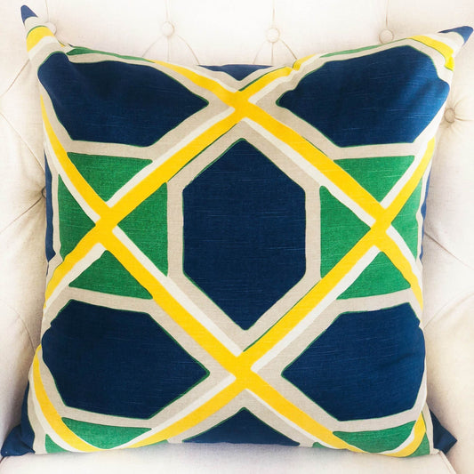 Obliquity Blue, Yellow and Green Luxury Throw Pillow - Plutus Brands