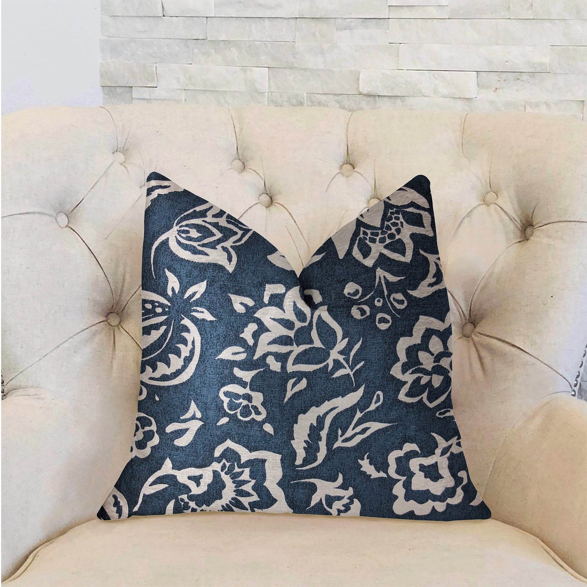 Elsi Pom Blue and White Luxury Throw Pillow - Plutus Brands