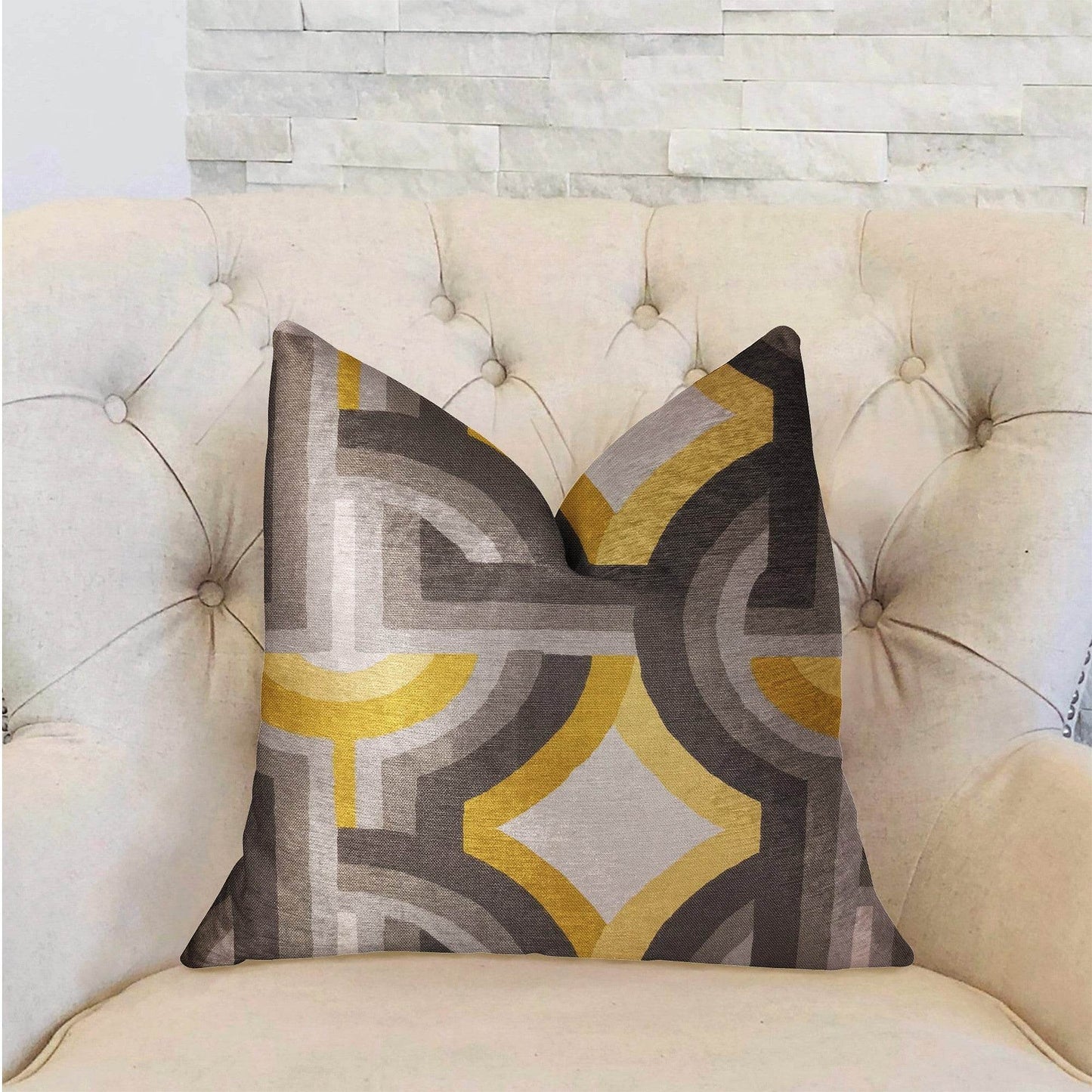 Delightful Chain Yellow, Beige and Gray Luxury Throw Pillow - Plutus Brands