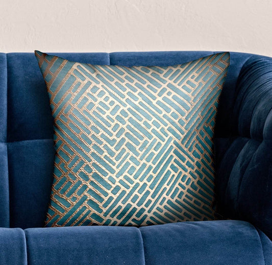 Golden Brick Blue Geometric Luxury Throw Pillow - Plutus Brands