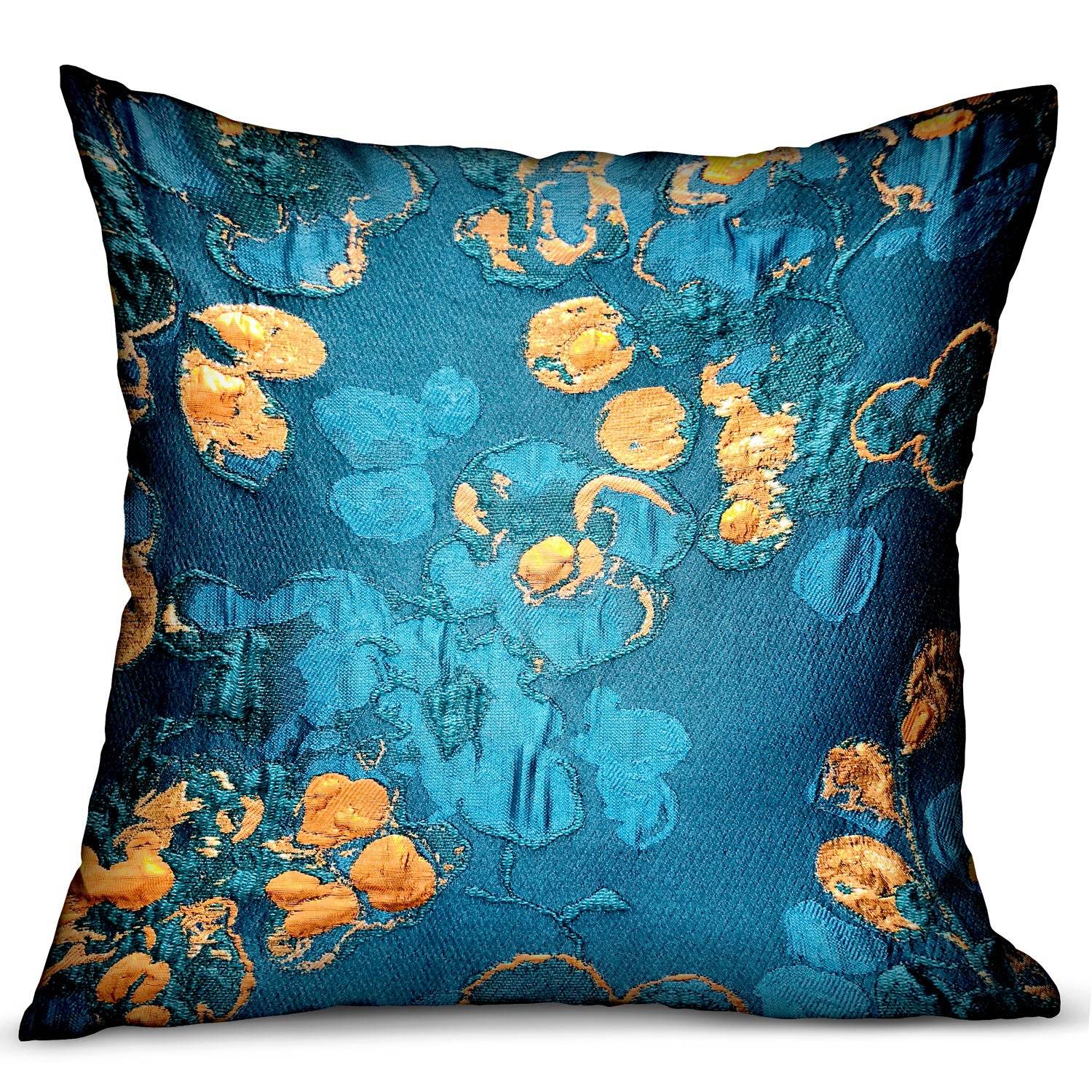 Bronze Blossom Blue Floral Luxury Throw Pillow - Plutus Brands