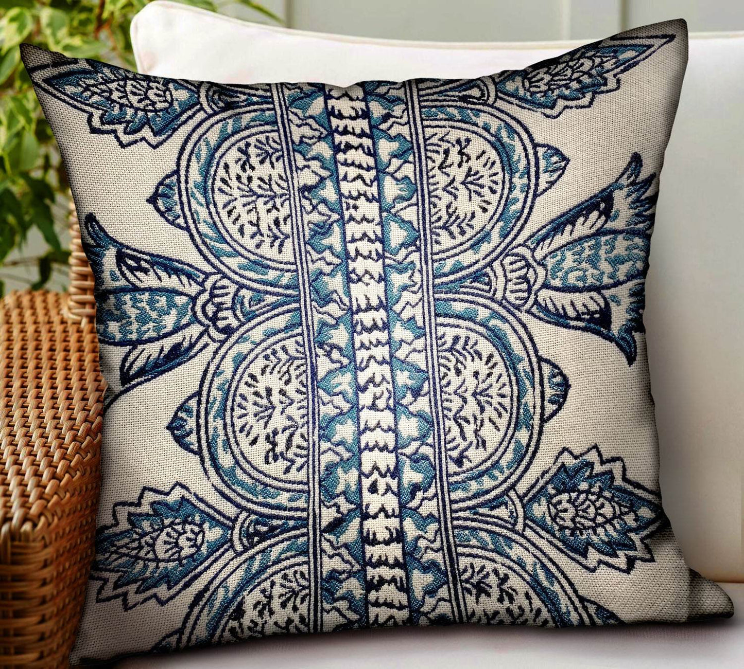 Aristocratic Floret White/ Blue Paisley Luxury Outdoor/Indoor Throw Pillow - Plutus Brands