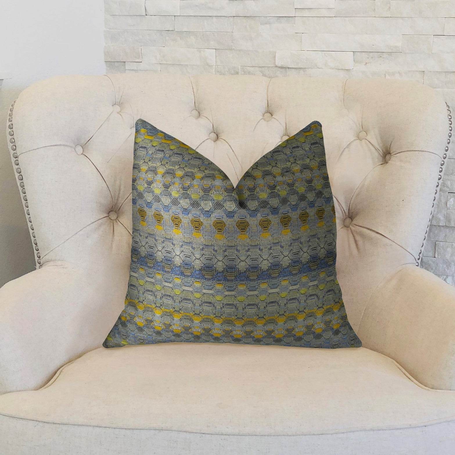 Blue Wynne Blue Navy and Yellow Handmade Luxury Pillow - Plutus Brands
