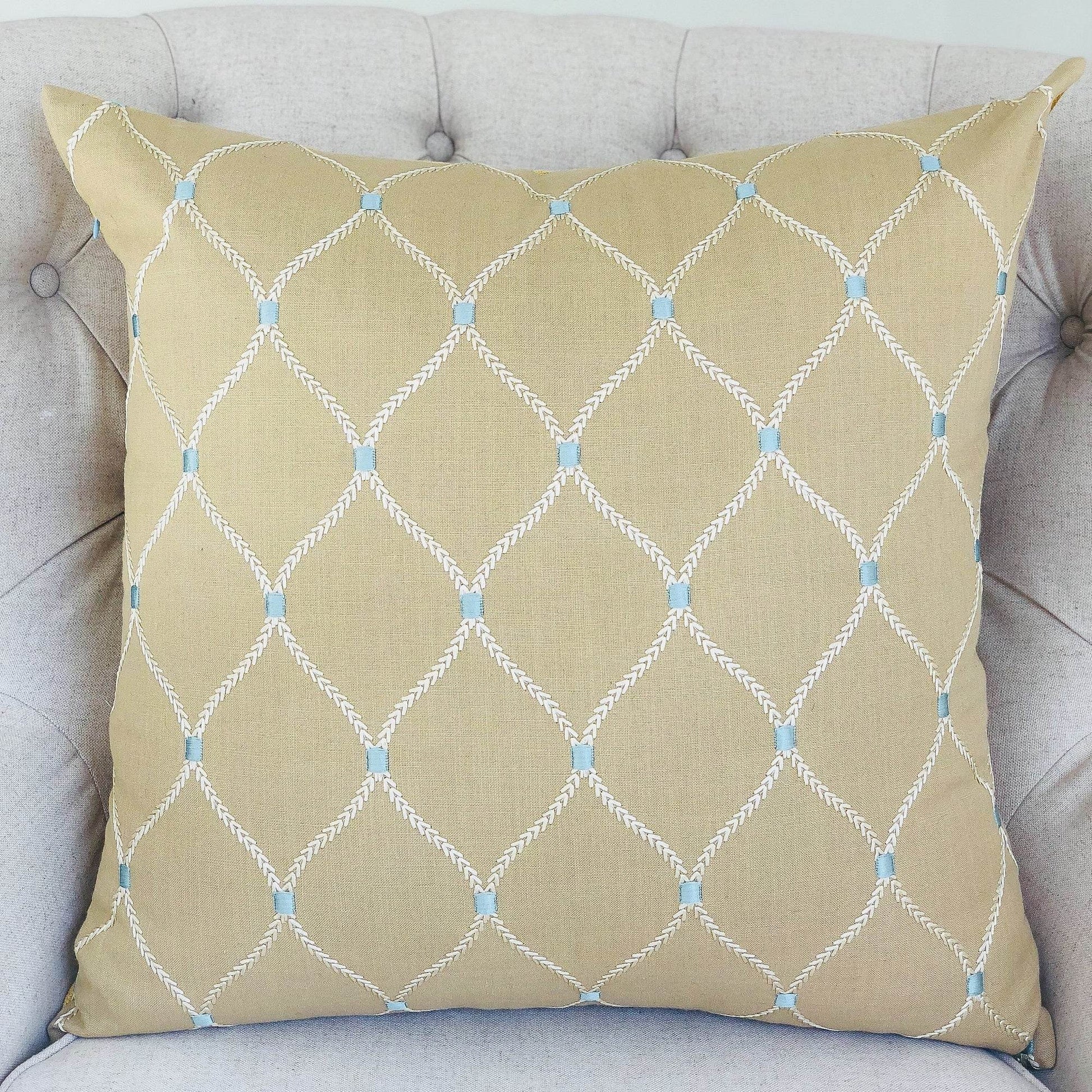 Abby Taupe White and Blue Handmade Luxury Pillow - Plutus Brands