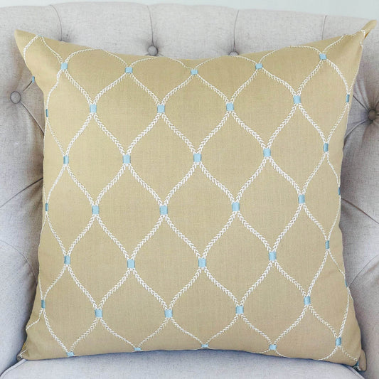 Abby Taupe White and Blue Handmade Luxury Pillow - Plutus Brands