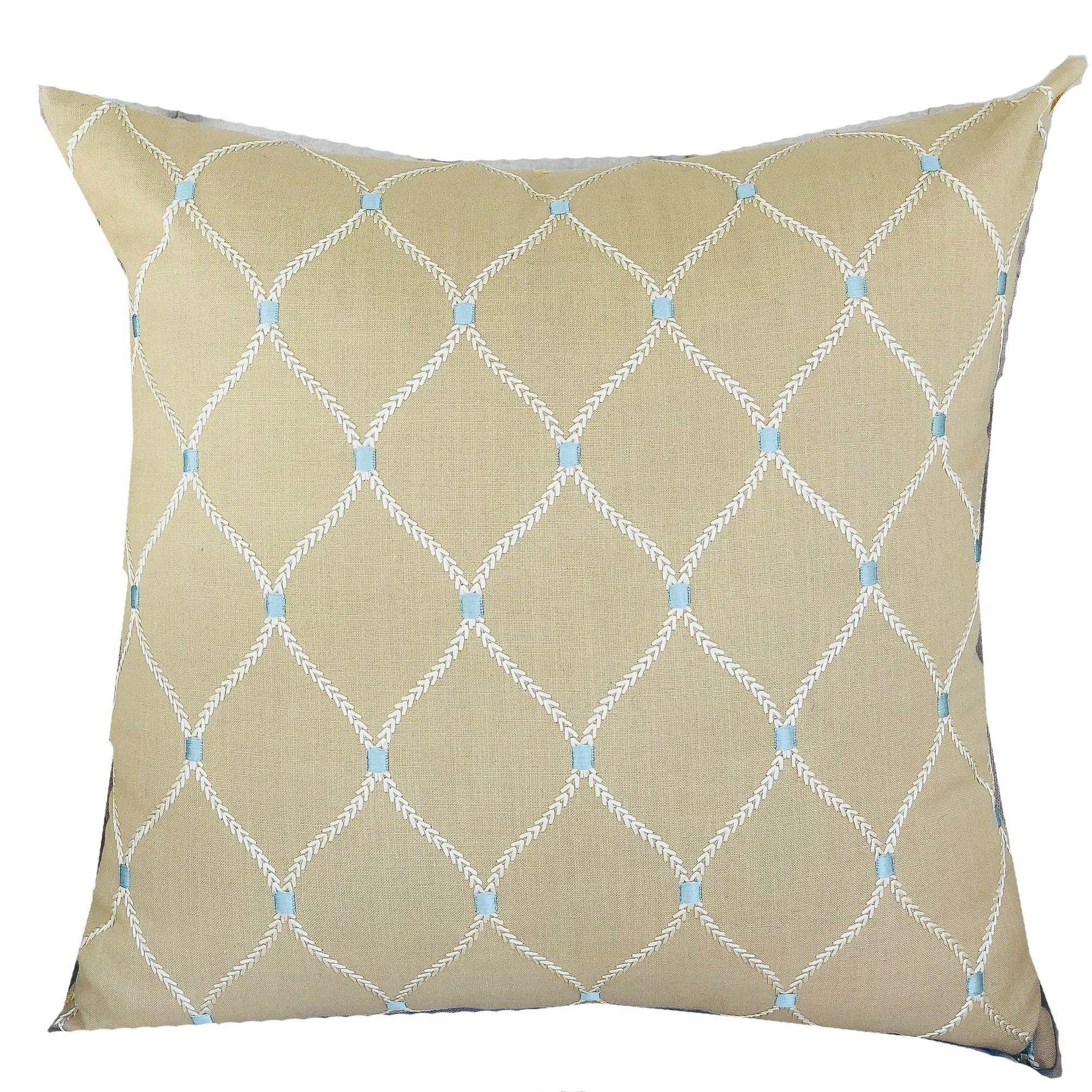 Abby Taupe White and Blue Handmade Luxury Pillow - Plutus Brands
