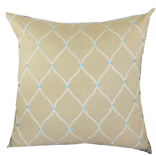 Abby Taupe White and Blue Handmade Luxury Pillow - Plutus Brands