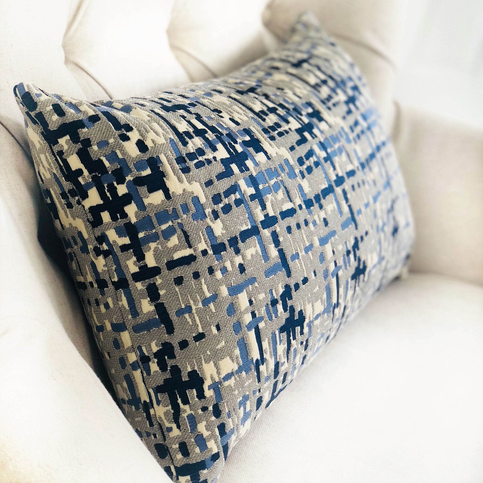 Tierra Monte Plaid Navy Blue and Gray Handmade Luxury Pillow - Plutus Brands