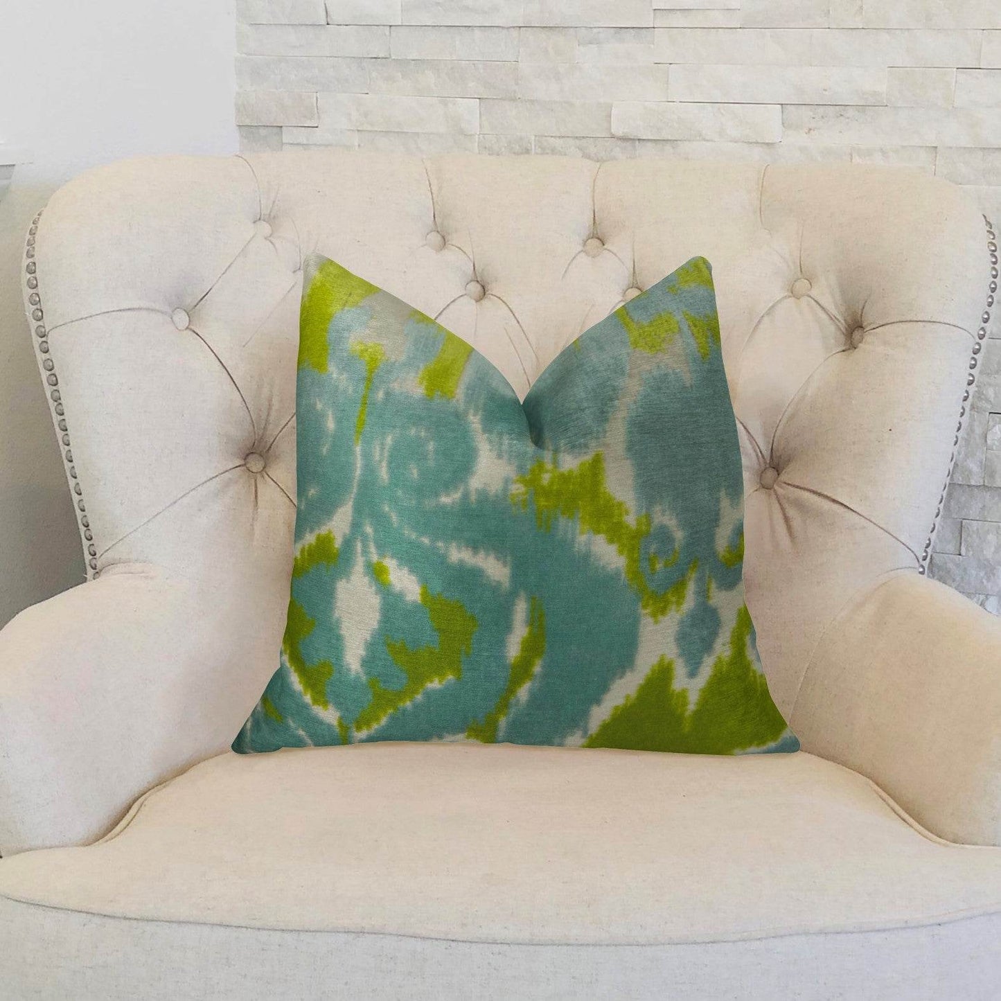 Velvet Pine Cliff Blue Citrine and Cream Handmade Luxury Pillow - Plutus Brands